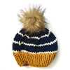 Adult Striped Knit Pom Hat | Mustard Yellow + Navy Blue