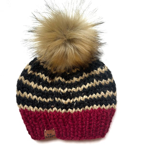 Adult Knit Pom Hat | Black + Red Stripe Beanie - handcrafted from b.e.happe 