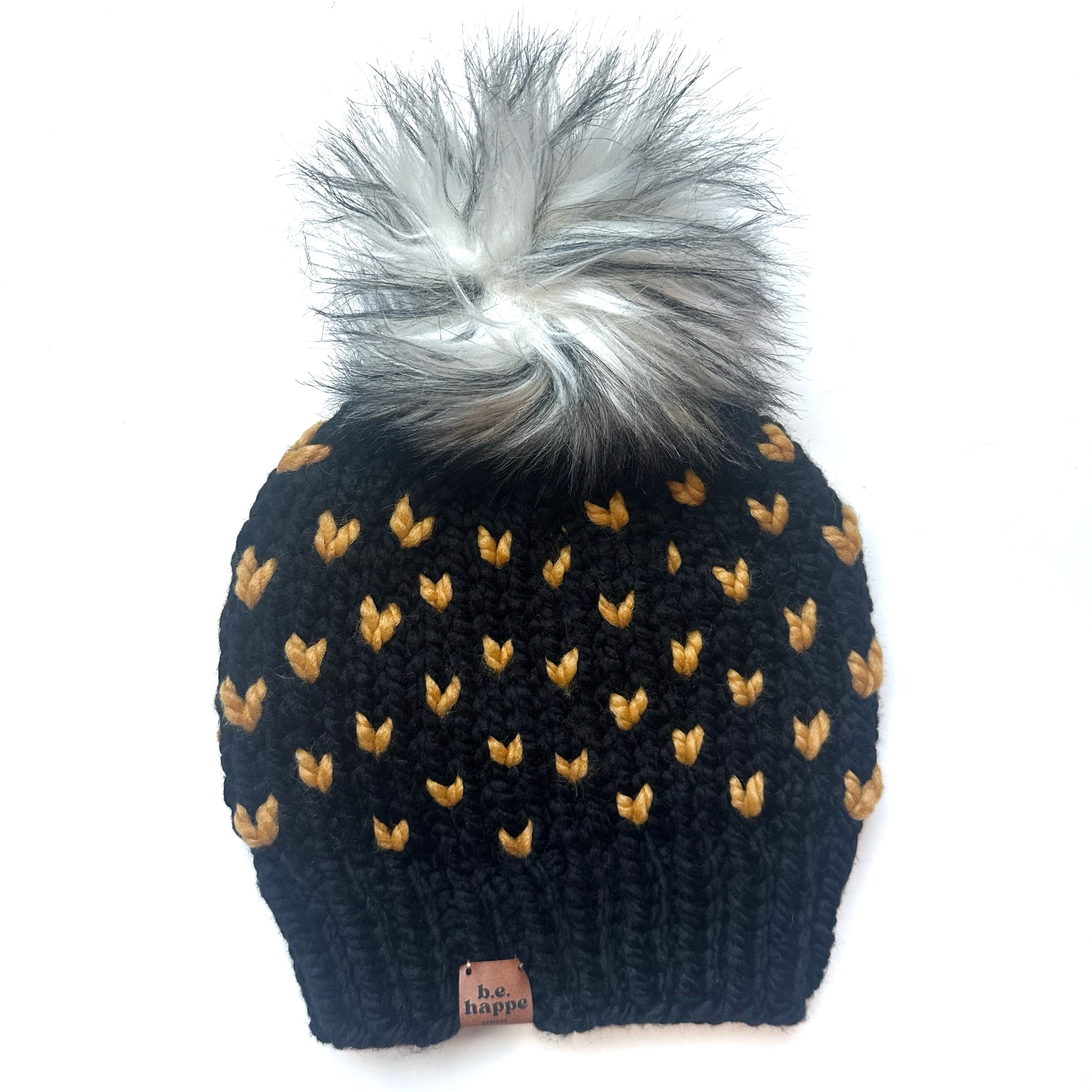 Adult Knit Pom Hat | Black with Yellow Heart Beanie -  from b.e.happe 