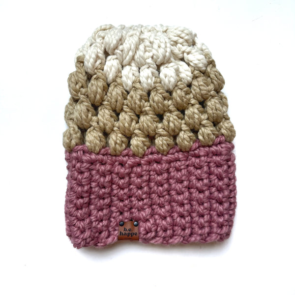 Crochet Slouch Hat | Pink + Tan Slouchy Beanie - Adult from b.e.happe 