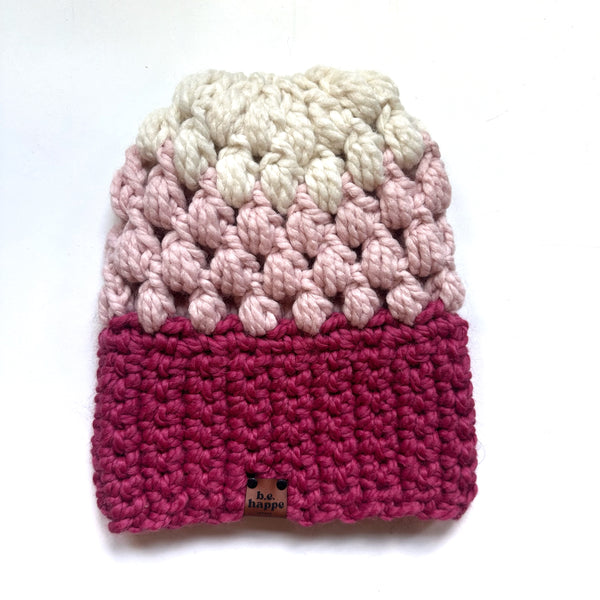 Crochet Slouch Hat | Pink + Cream Slouchy Beanie - Adult from b.e.happe 