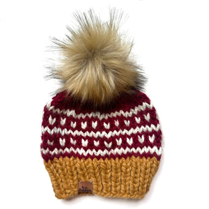 Adult Striped Heart Pom Hat | Red and Yellow Beanie - handcrafted from b.e.happe 