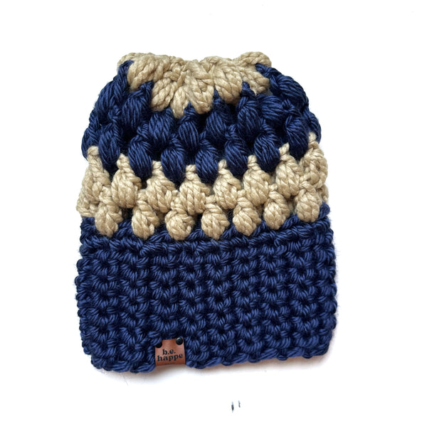 Crochet Puff Stitch Slouch Hat | Blue + Tan Slouchy Beanie - Adult from b.e.happe 