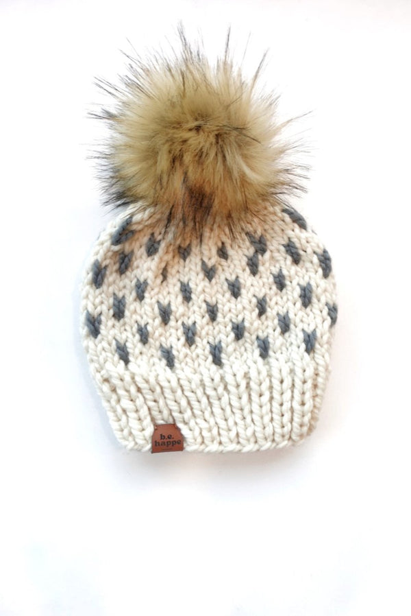 6 - 12 month Baby Knit Hat | Off White + Slate Beanie - b.e.happe