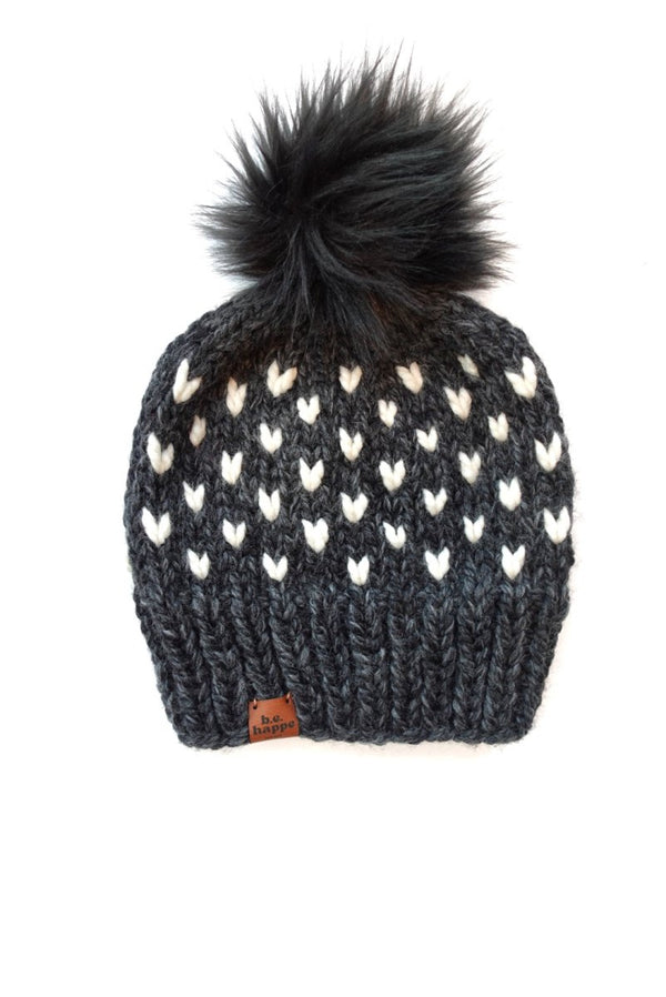 6 - 12 Month Baby Knit Pom Hat | Charcoal Heart Beanie - b.e.happe