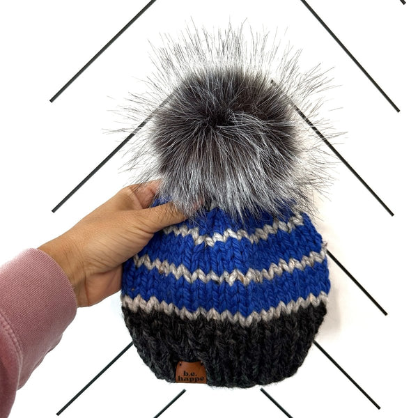 6 - 12 month Baby Knit Pom Hat | Gray + Blue Stripe Beanie - b.e.happe