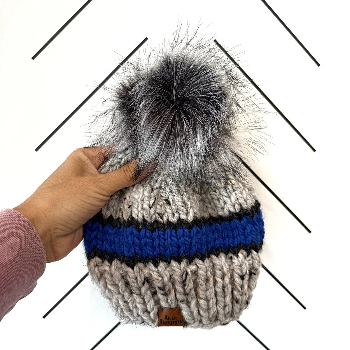 6 - 12 month Baby Knit Pom Hat | Gray + Royal Blue Stripe Beanie - b.e.happe