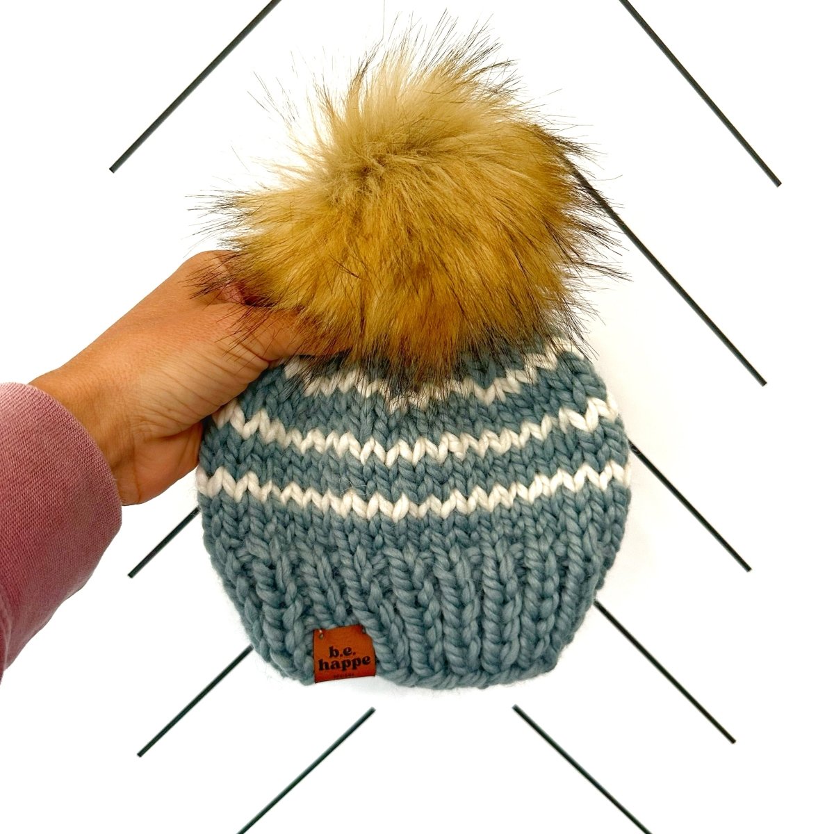 6 - 12 month Baby Knit Pom Hat | Succulent Blue + Off White - b.e.happe