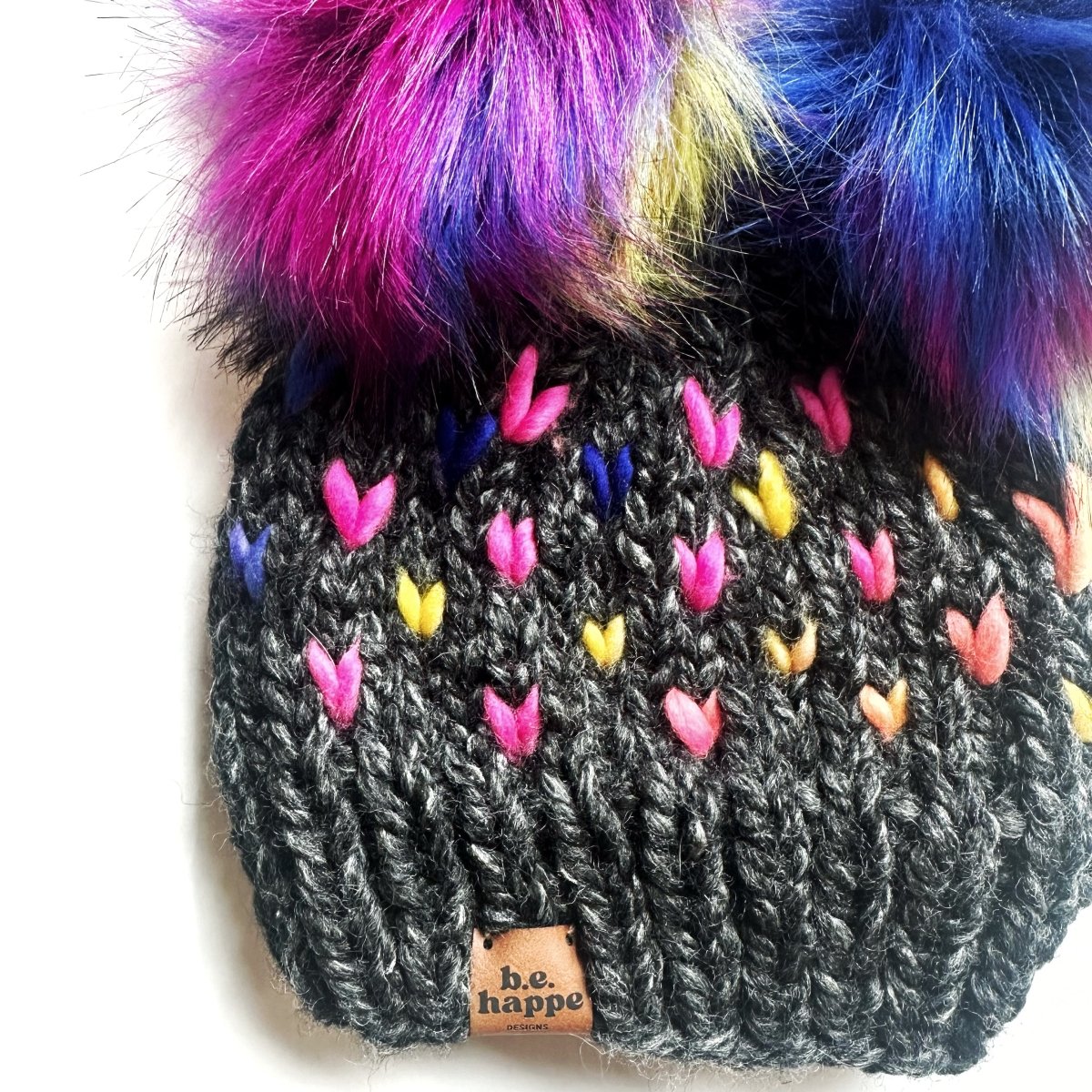 6 - 12 month Pom Hat | Double Pom Colorful Heart Beanie - b.e.happe