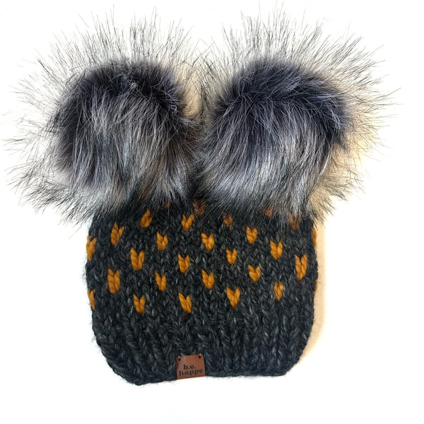 6 - 12 month Pom Hat | Double Pom Gray Heart Beanie - b.e.happe