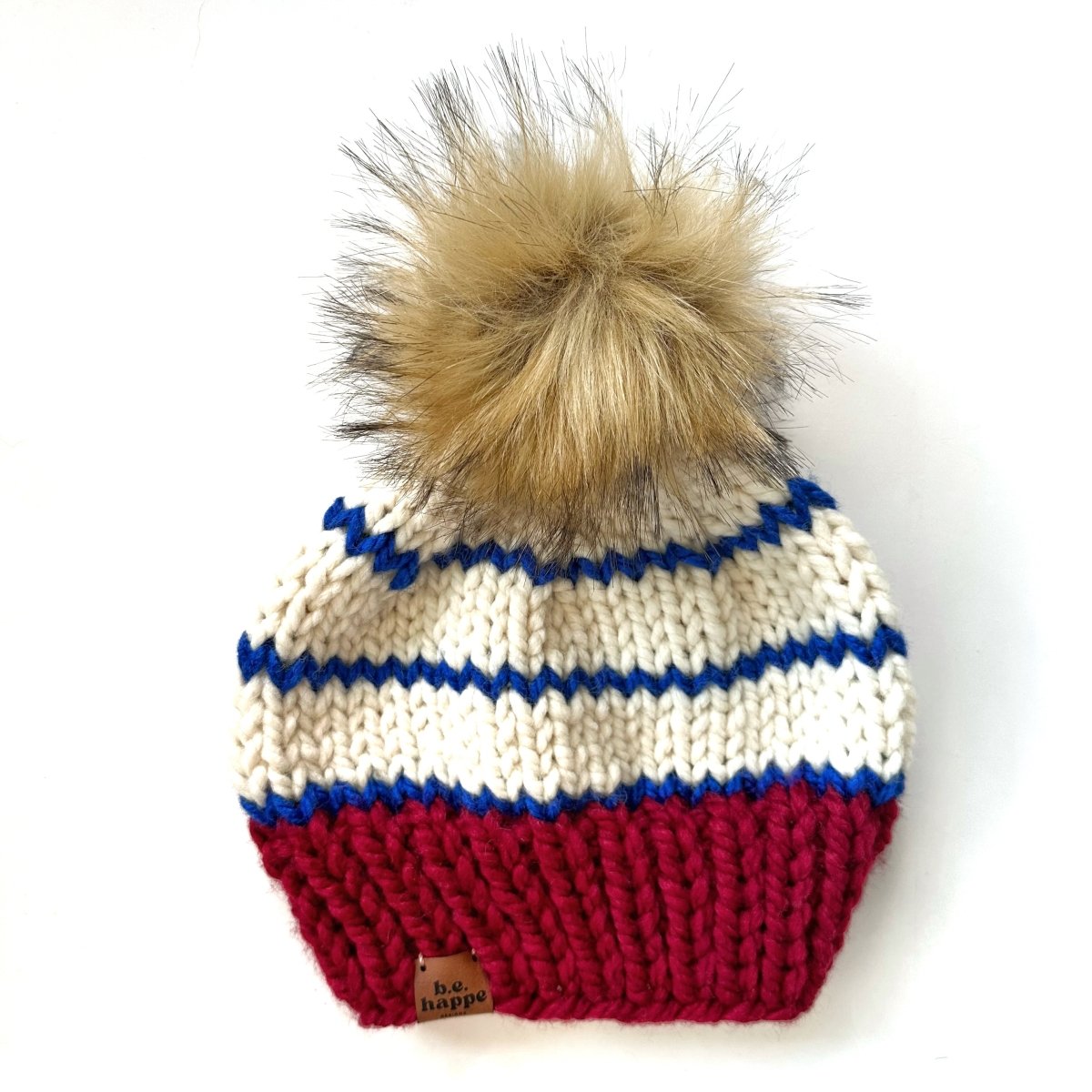 6 - 12 month Stripe Knit Pom Hat | Red + Royal Blue - b.e.happe