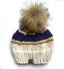 Adult Stripe Knit Pom Hat | Off White + Purple + Mustard Yellow