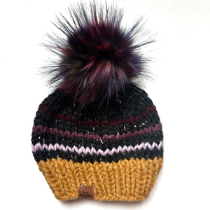 Adult Striped Pom Hat | Black Colorful Beanie - handcrafted from b.e.happe 