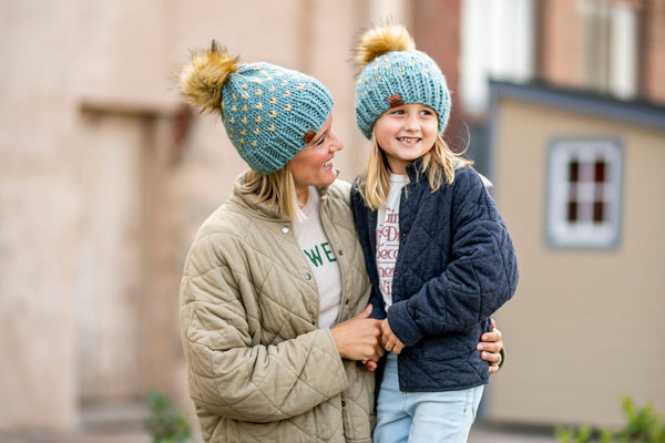 Mommy + Me Blue Knit Heart Pom Hat Set -  from b.e.happe 