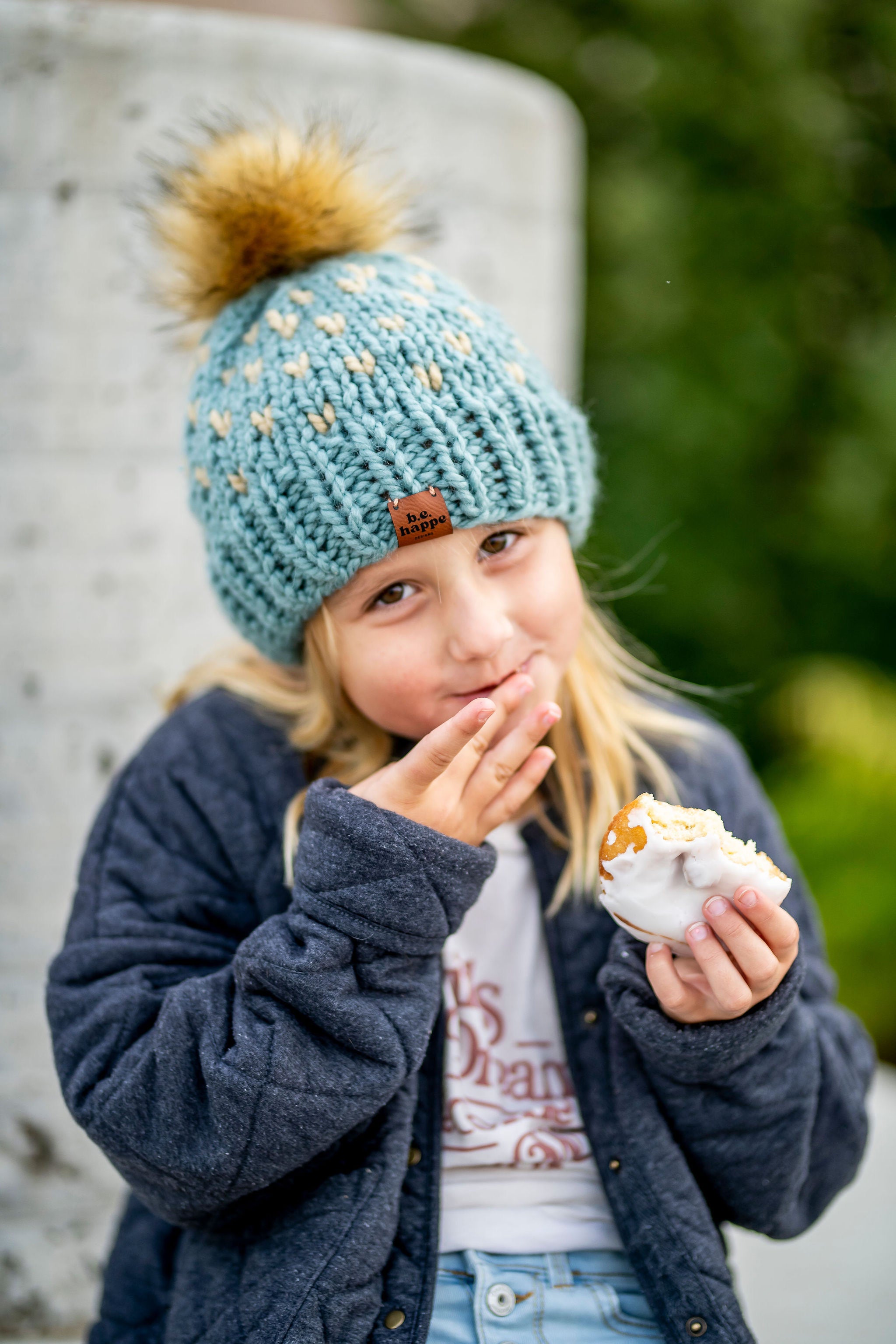 Mommy + Me Blue Knit Heart Pom Hat Set -  from b.e.happe 