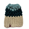 Crochet Puff Stitch Slouch Hat | Tan + Green + Blue