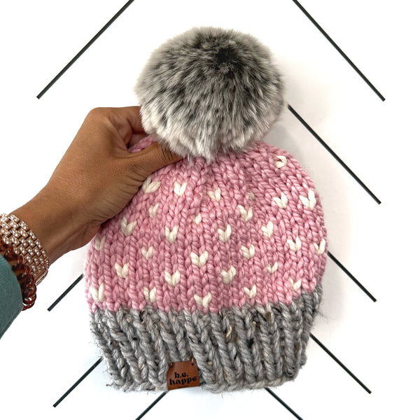 Toddler Knit Pom Hat | Pink Heart Beanie - Hats from b.e.happe 