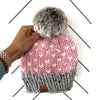 Adult Happe Hearts Knit Pom Hat | Blossom Pink + Grey + Off White