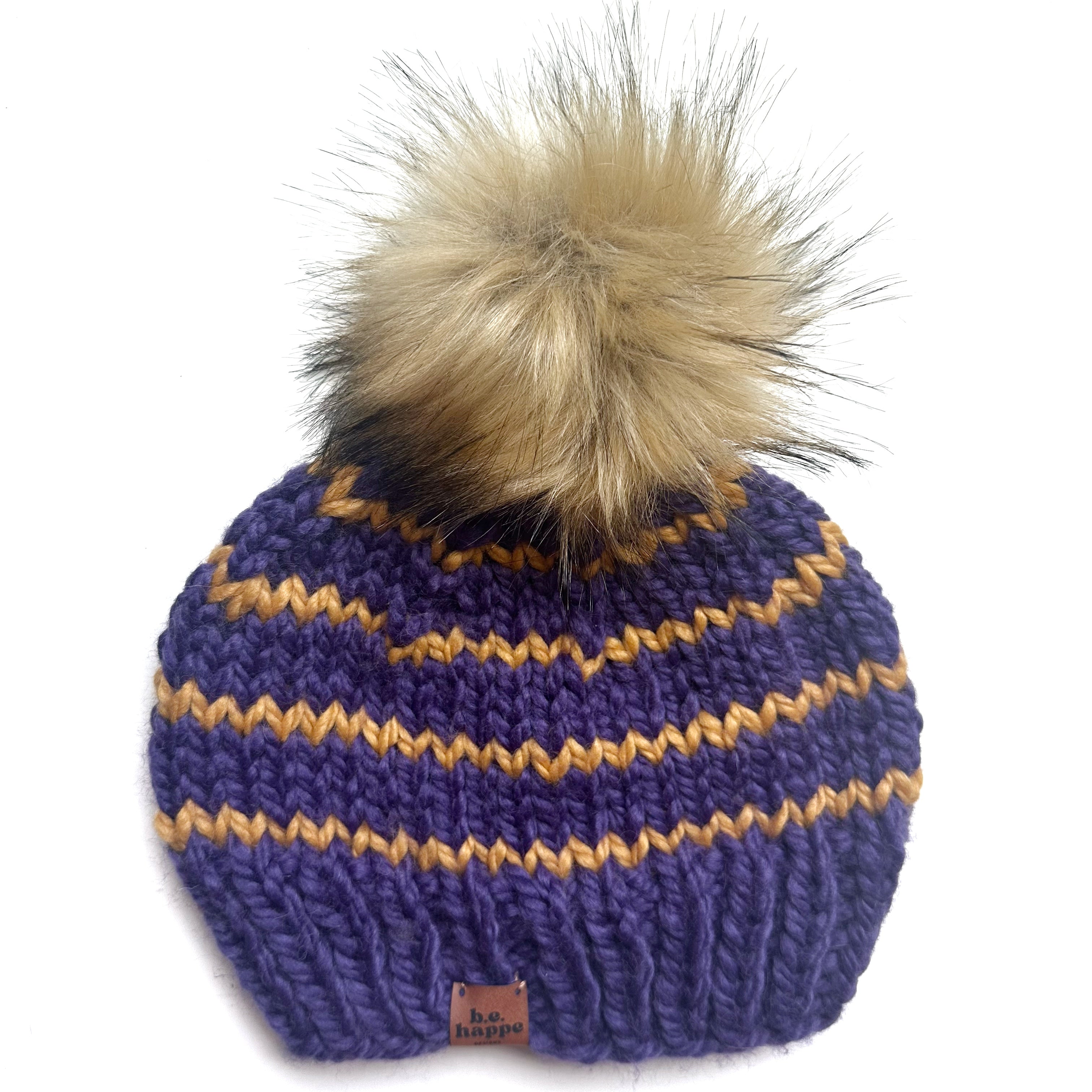 Adult Knit Pom Hat | Purple + Yellow Stripe Beanie -  from b.e.happe 