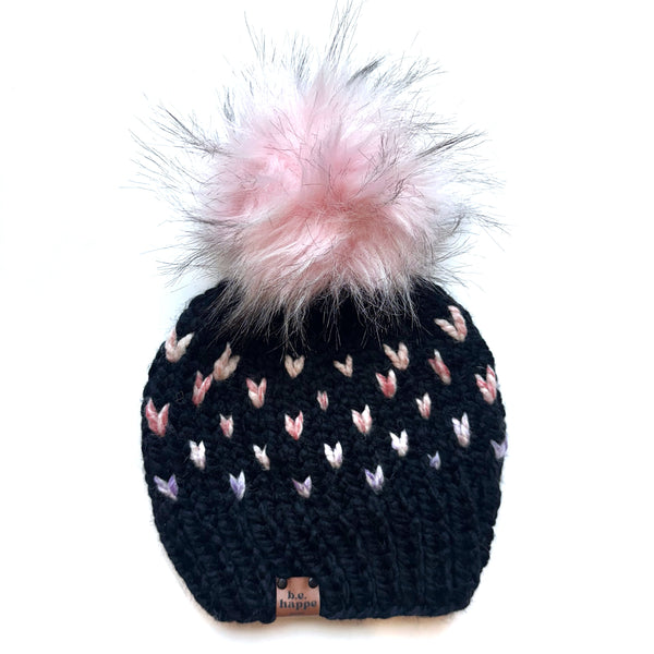 Adult Knit Pom Hat | Black + Pink Heart Beanie -  from b.e.happe 