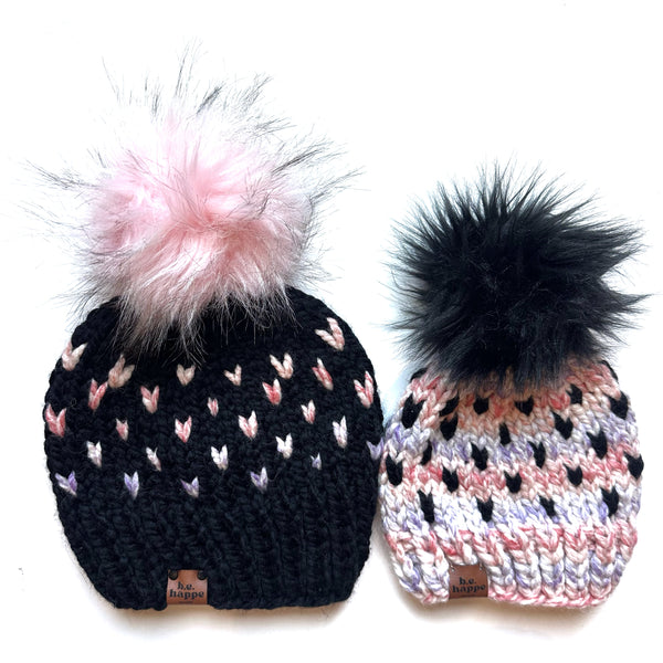 Adult Knit Pom Hat | Black + Pink Heart Beanie Set  b.e.happe 