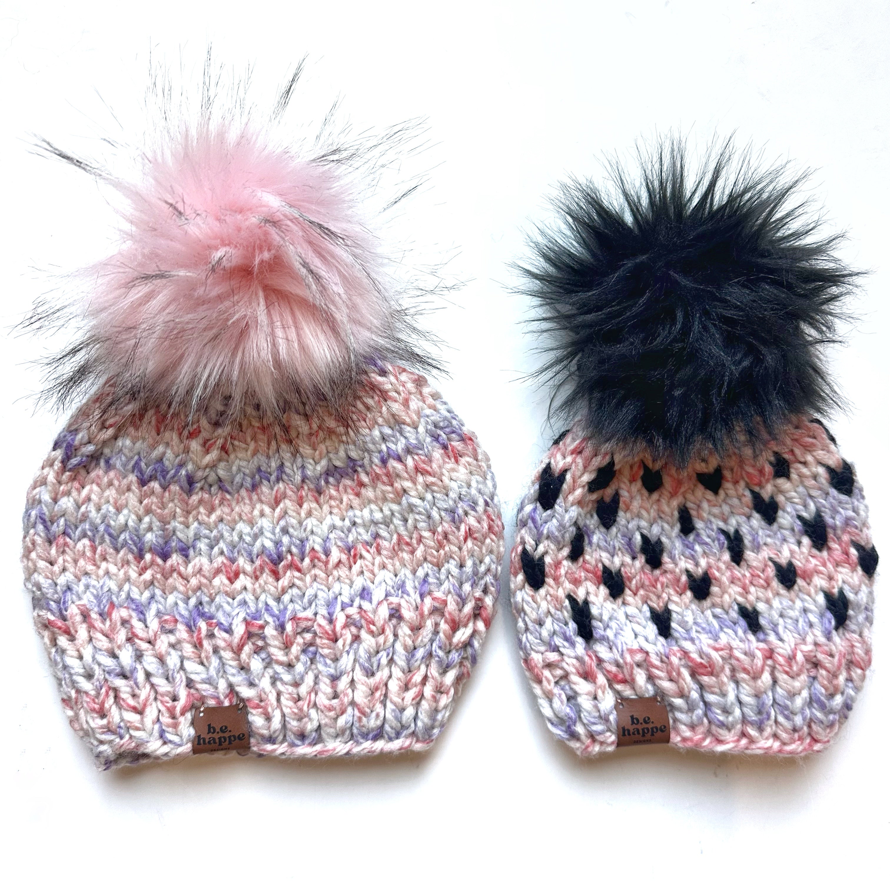 Adult Knit Pom Hat Pink + Black Pom Beanie b.e.happe 