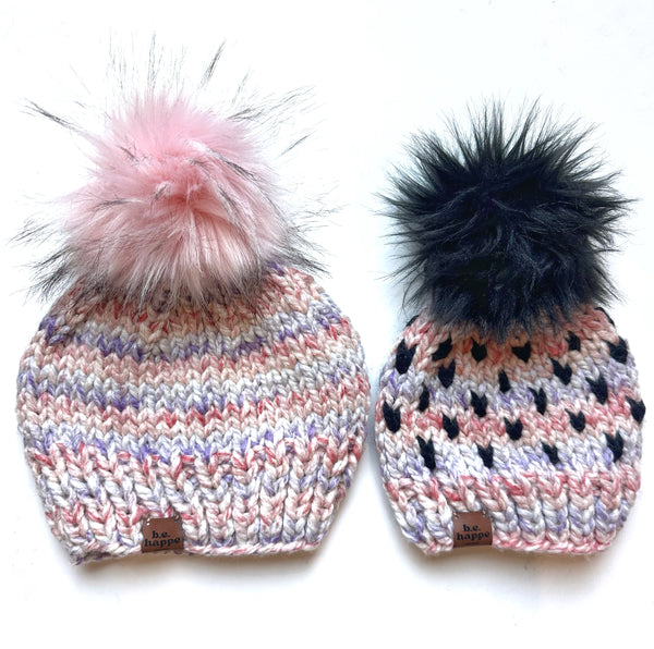 Adult Knit Pom Hat Pink + Black Pom Beanie b.e.happe 