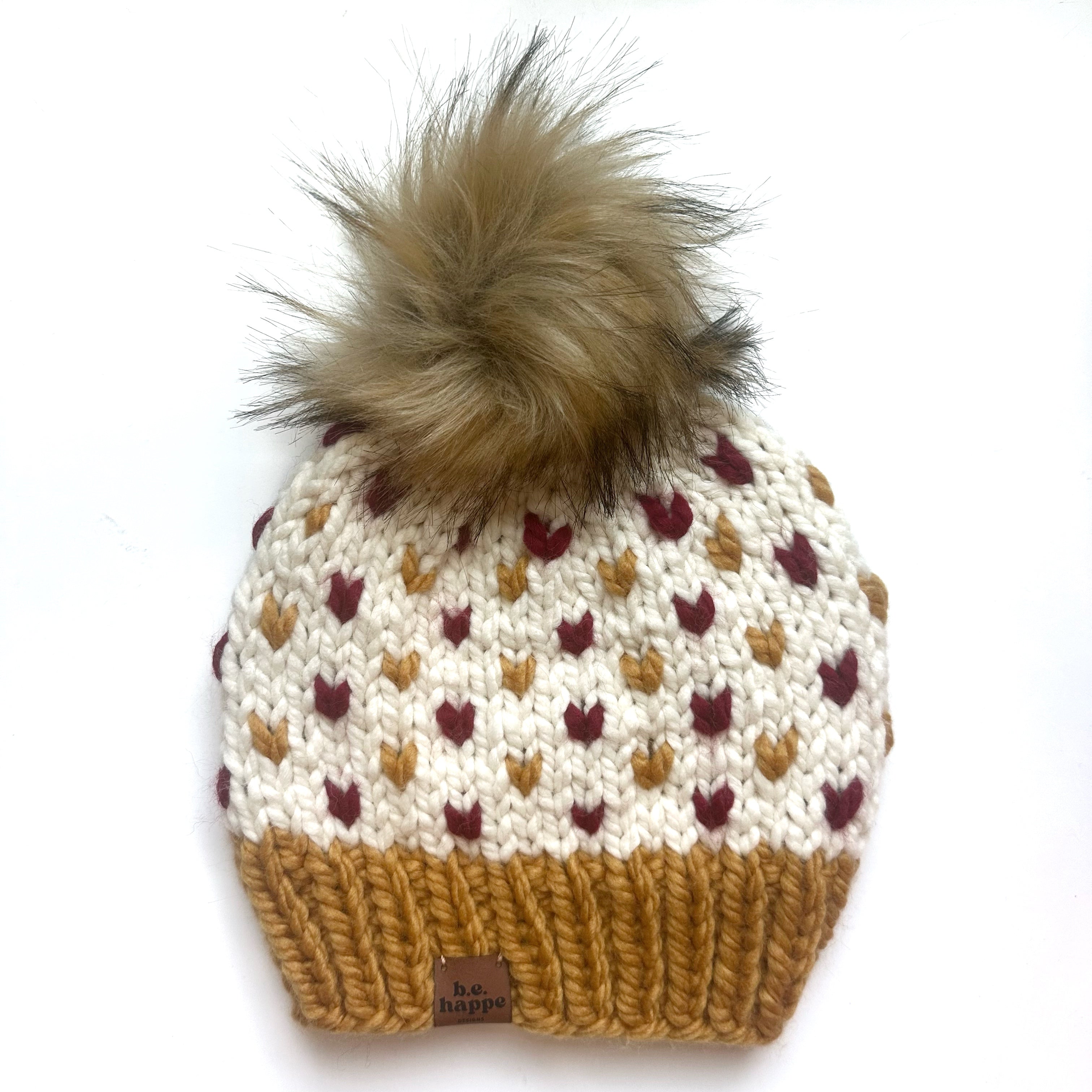 Adult Knit Pom Hat | Red + Yellow Heart Beanie -  from b.e.happe 