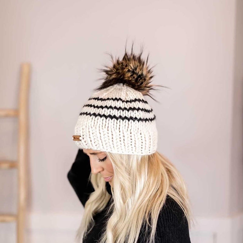 Adult Knit Pom Hat | Off White + Black Stripe Beanie -  from b.e.happe 