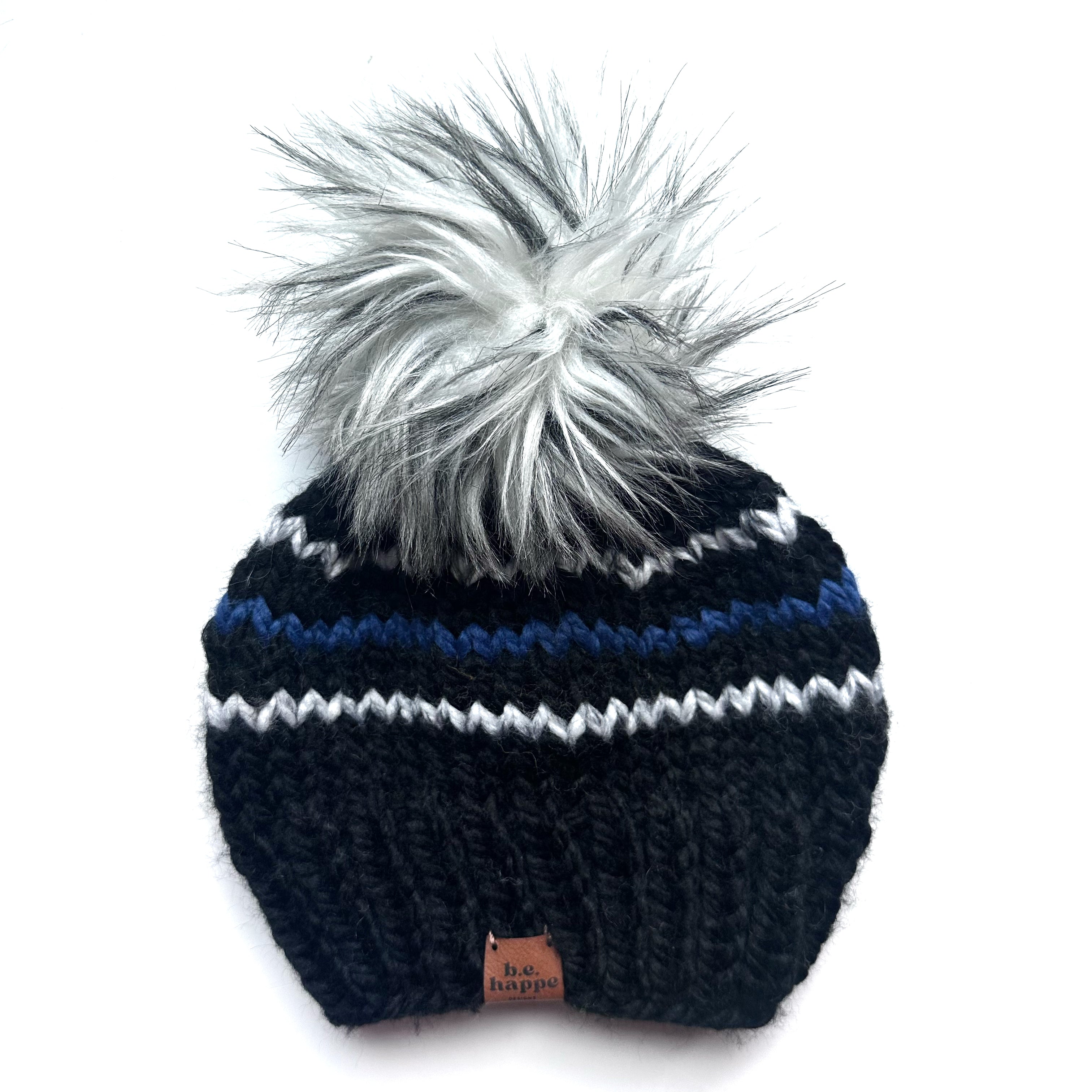 Behappe black hat body with white and blue striped knit pom hat
