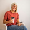 Brooke Happe wearing a natural colored women's slouchy beanie with tee
