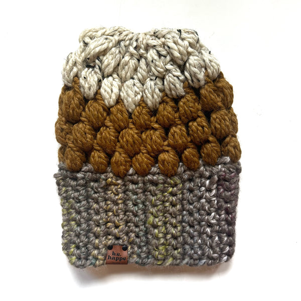 Crochet Slouch Hat | Tan + Gold Slouchy Beanie - Adult from b.e.happe 