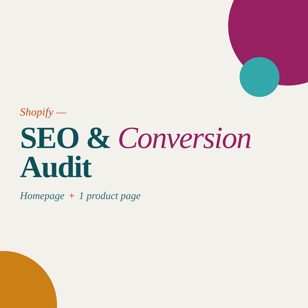 Cover of a book titled 'Shopify SEO & Conversion Audit' with colorful circles on a light background