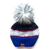 Adult Stripe Knit Pom Hat | Gray + Red + Blue