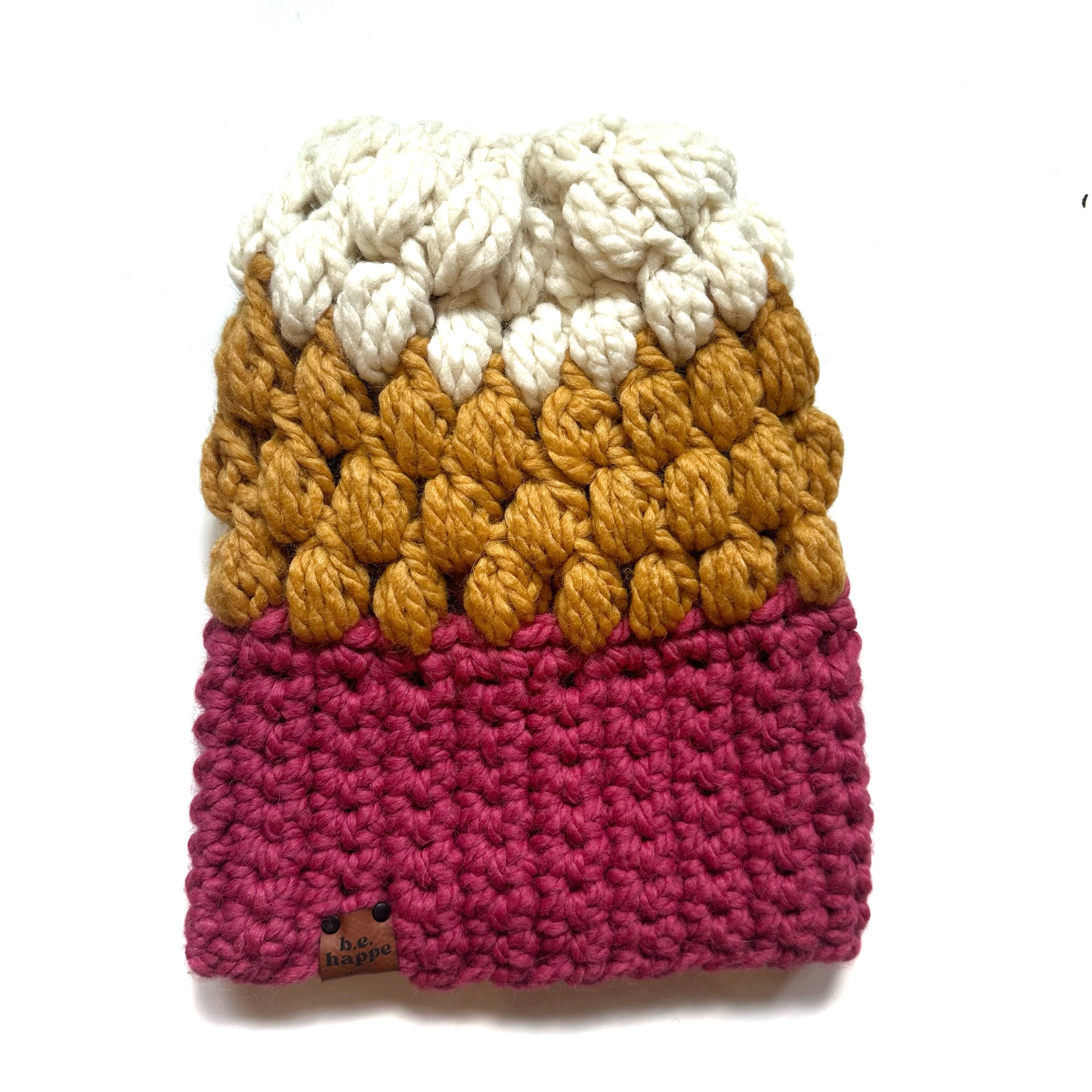Crochet Puff Stitch Slouch Hat | Pink + Mustard Slouchy Beanie - Adult from b.e.happe 
