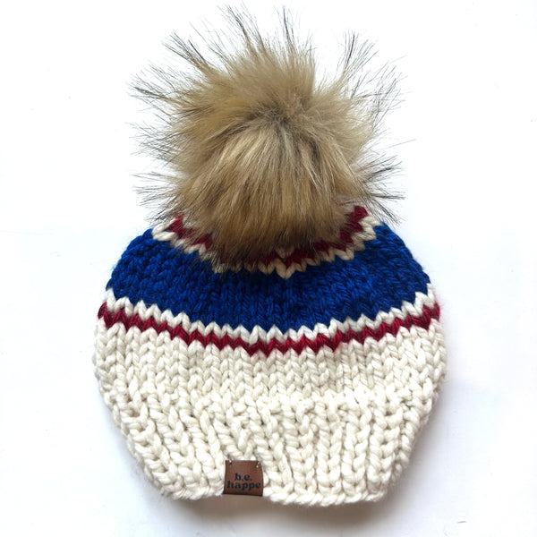 Adult Knit Pom Hat | Red + Blue Stripe Beanie -  from b.e.happe 