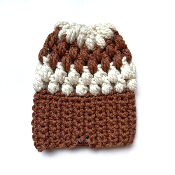 Crochet Slouch Hat | Brown + Cream Slouchy Beanie - Adult from b.e.happe 