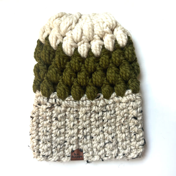 Crochet Slouch Hat | Green + Cream Slouchy Beanie - Adult from b.e.happe 