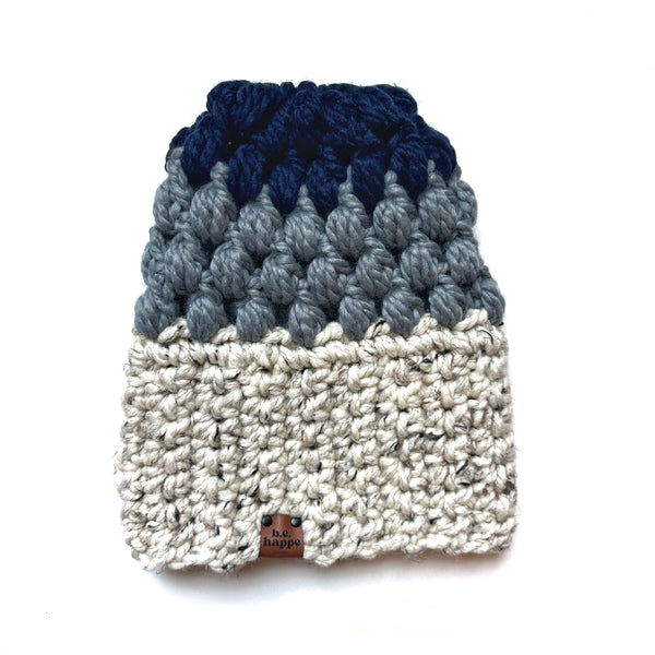 Crochet Slouch Hat | Grey + Navy Slouchy Beanie - Adult from b.e.happe 