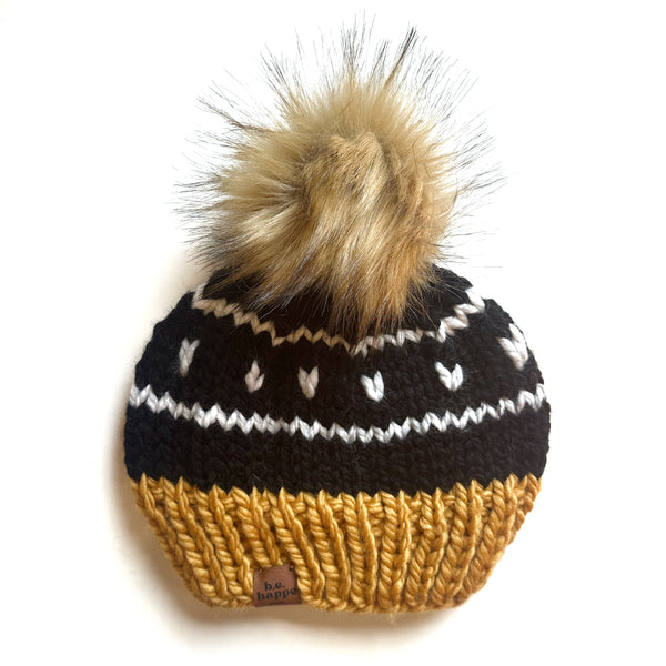 Adult Knit Pom Hat | Black Heart + Stripe Beanie -  from b.e.happe 