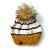 Adult Striped Knit Pom Hat | Mustard Yellow + Purple