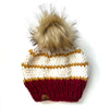 Adult Striped Knit Pom Hat | Mustard Yellow + Cranberry Red