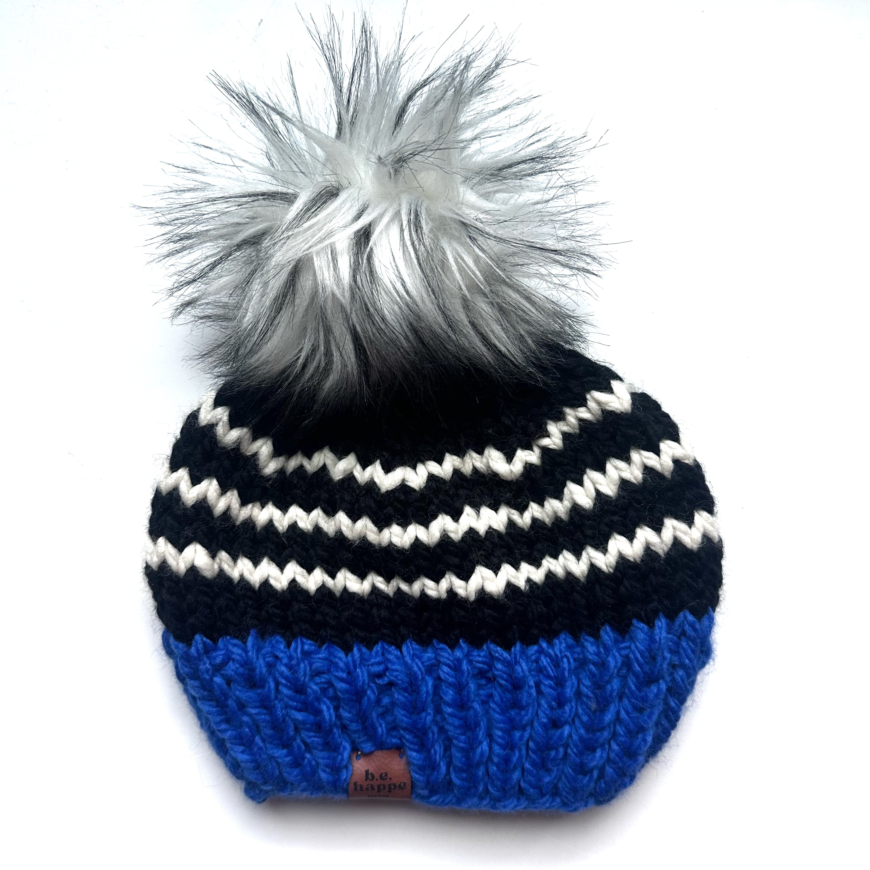 Adult Knit Pom Hat | Black + Royal Blue Beanie