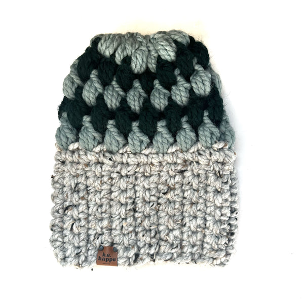 Crochet Slouch Hat | Gray + Dark Green Slouchy Beanie - Adult from b.e.happe 