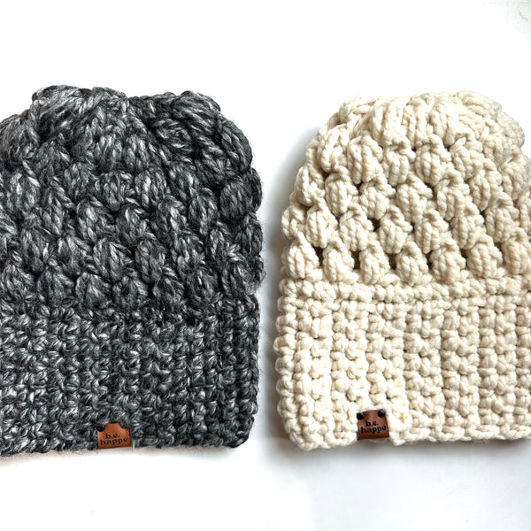 Crochet Puff Stitch Slouch Hat Set| Gray + Cream Beanie Set - Hats from b.e.happe 