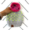 Youth Happe Hearts Knit Pom Hat | Light Grey + Neon Yellow