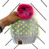 Youth Happe Hearts Knit Pom Hat | Lifht Grey + Neon Yellow