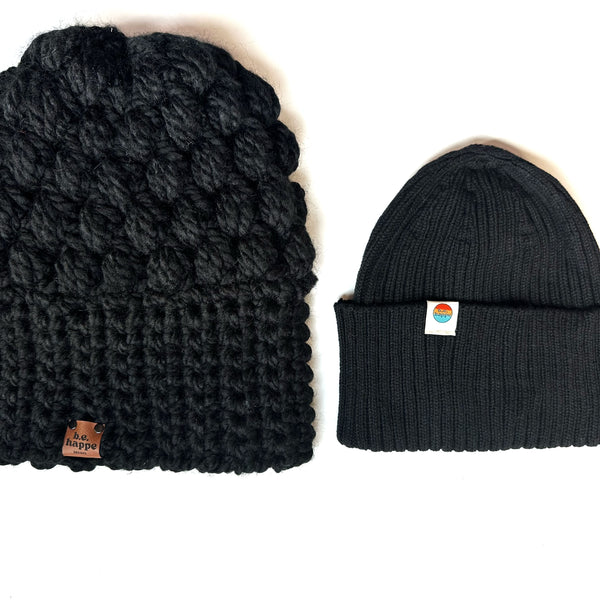 Crochet Puff Stitch Slouch Hat + Ribbee Knit Bundle | Black - Hats from b.e.happe 