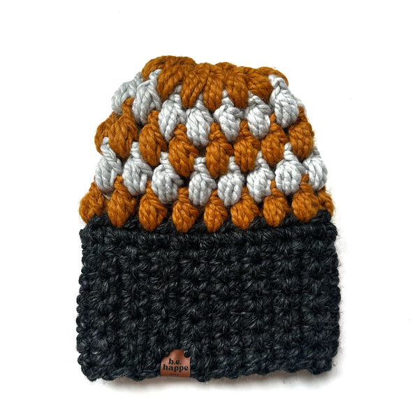 Crochet Puff Stitch Slouch Hat | Gray + Butterscotch Slouchy Beanie - Adult from b.e.happe 