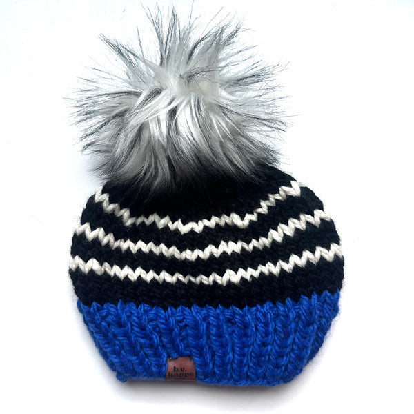Adult Knit Pom Hat | Black + Royal Blue Beanie